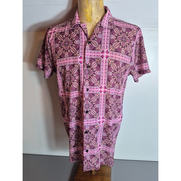 Boohoo Other - BooHoo Man Mens Short Sleeve Button-Up Shirt M Pink Burgundy Paisley Geometric